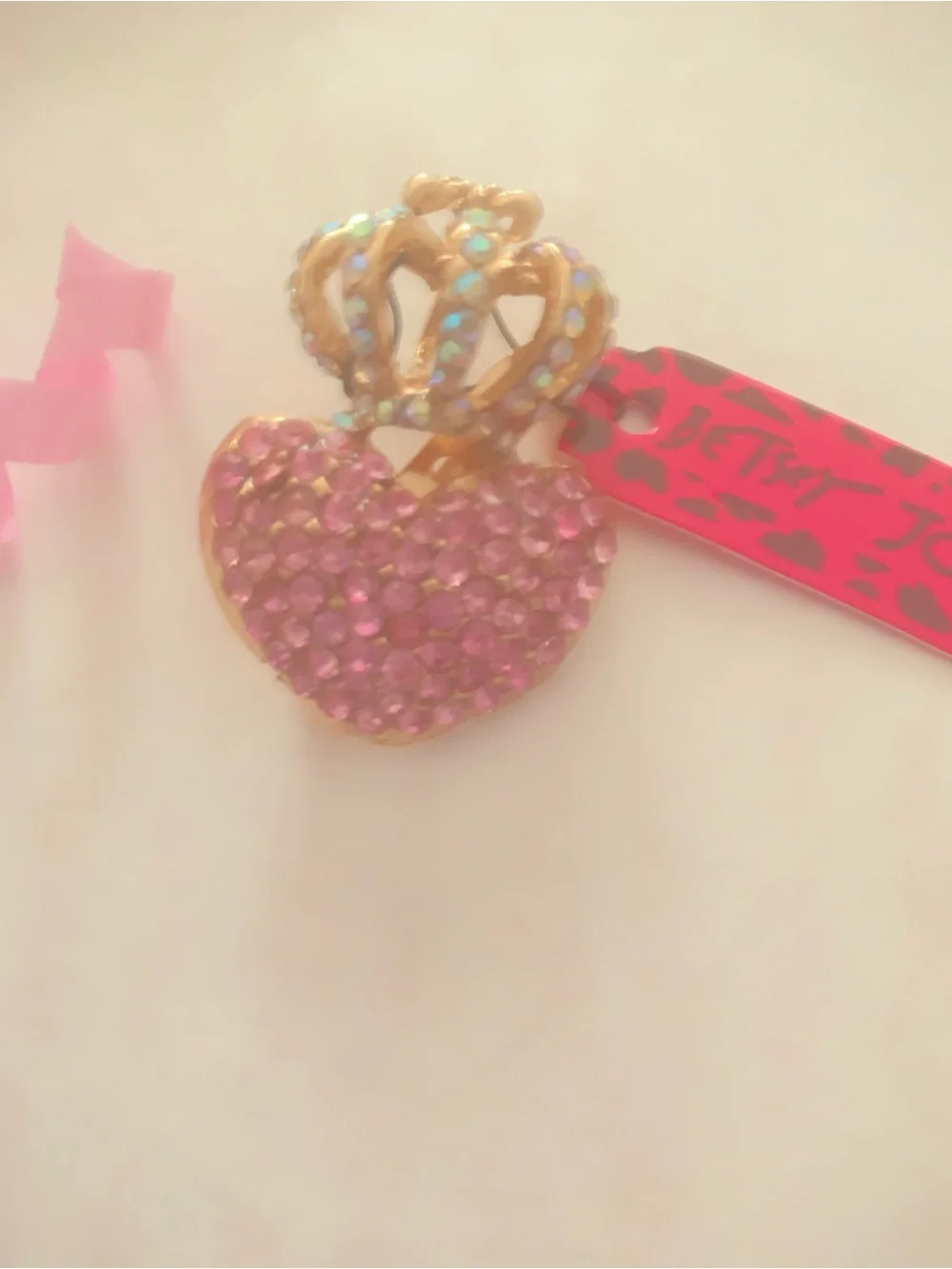 Betsey Johnson Pink Crystal Heart with Gold Crown Pendant
